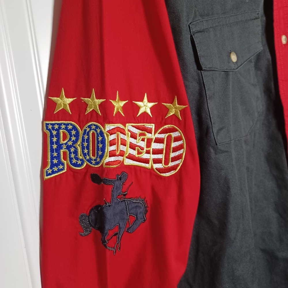 Rodeo Rider Red Black Colorblock Split Design L/S Embroidered Rodeo Star Cowboy - Picture 2 of 8